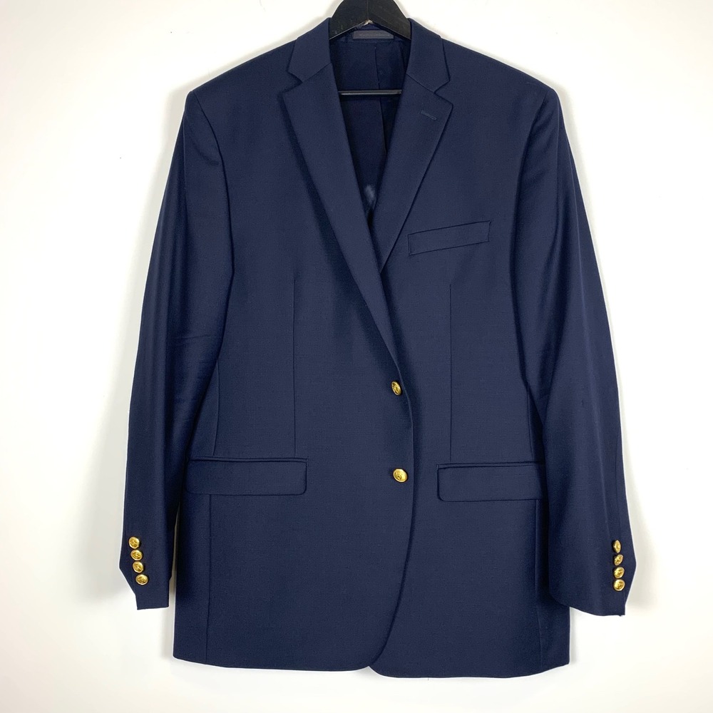 Lauren Ralph Lauren Blazer Mens 44L Navy Blue Gold Crest Button Wool Jacket